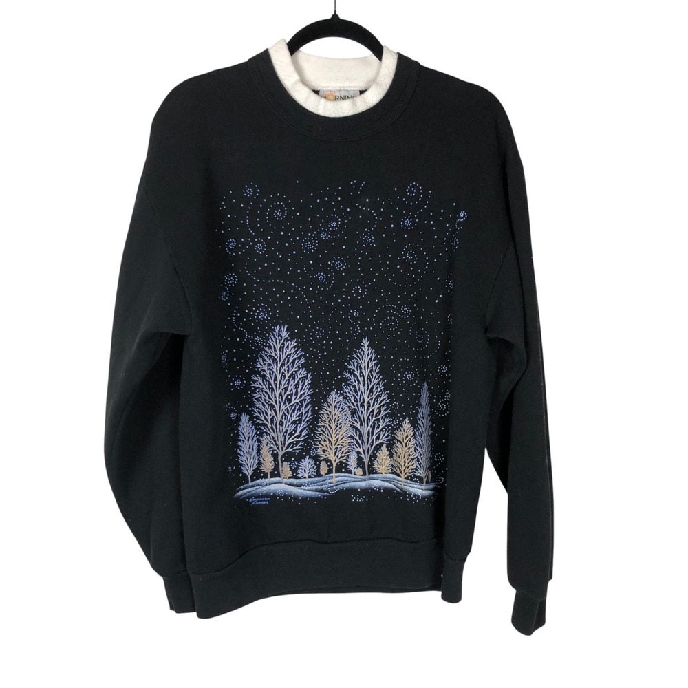 VTG Morning Sun Double Collar Beaded Winterscape Crew Neck Size M Winter Holiday